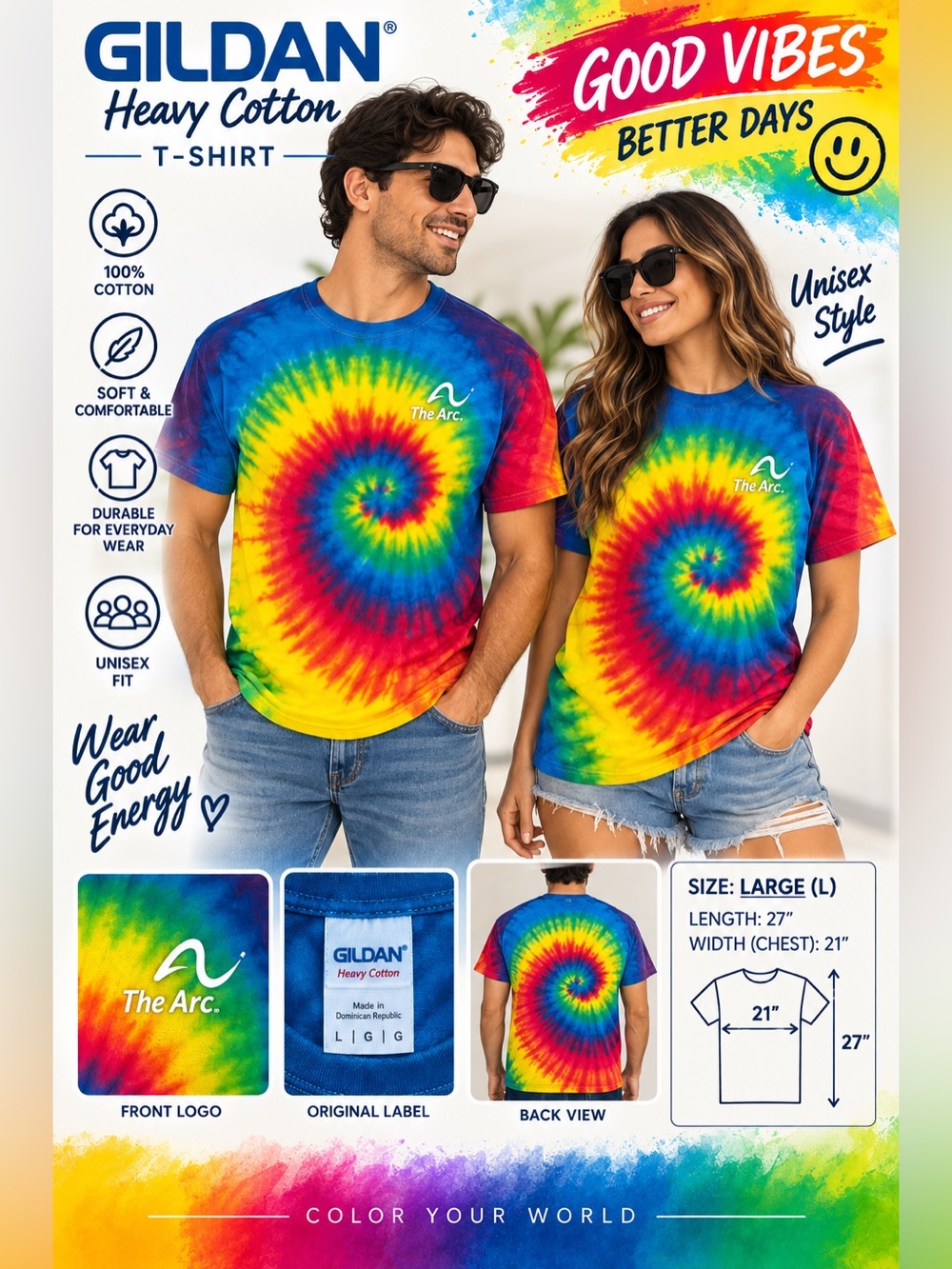 Gildan Heavy Cotton The Arc Tie Dye Graphic T-Shirt Large Multicolor 100% Cotton